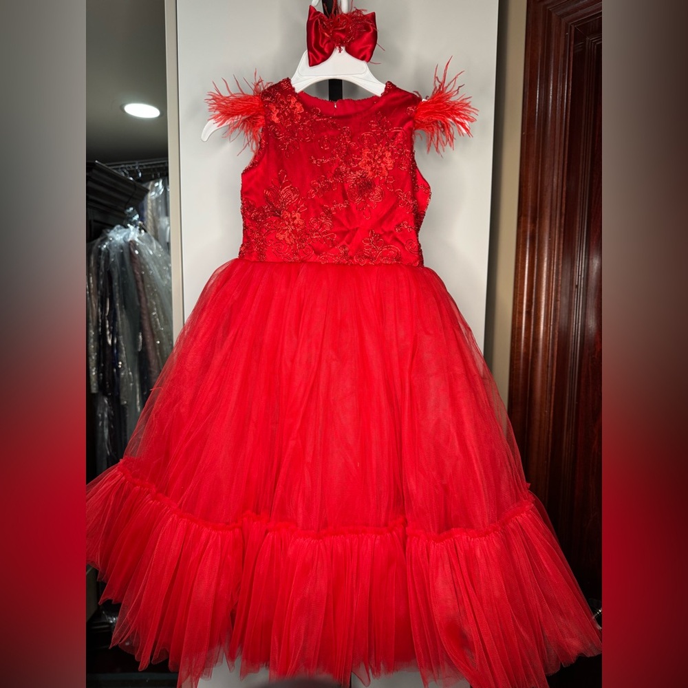 Handmade Elegant Red Tulle Dress with Floral Details